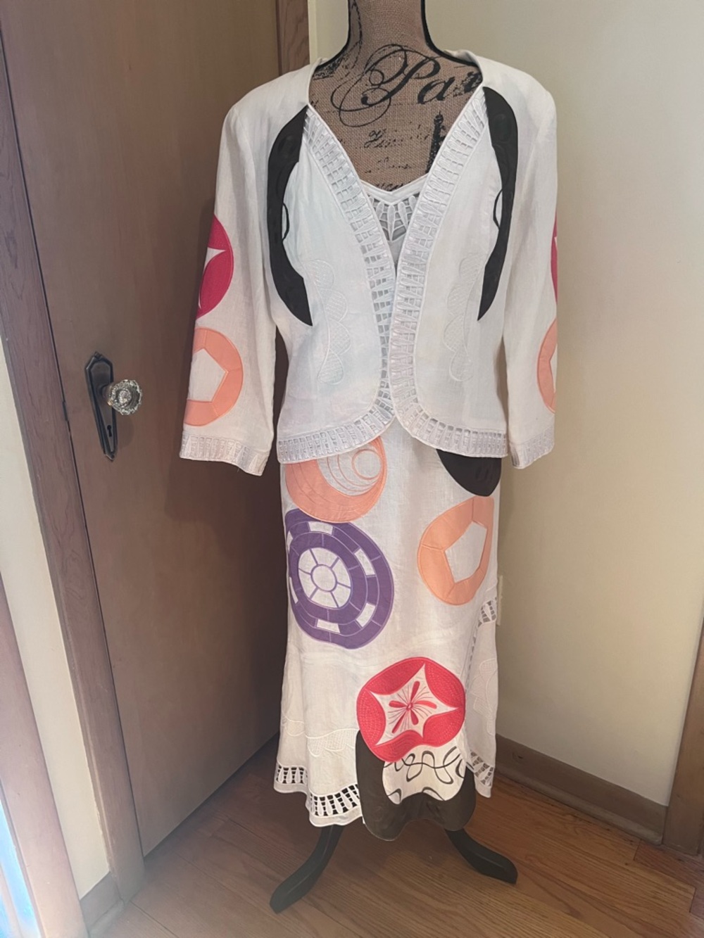 A. Song-Women’s White Embroidered Midi Skirt with Colorful Geometric Appliqué